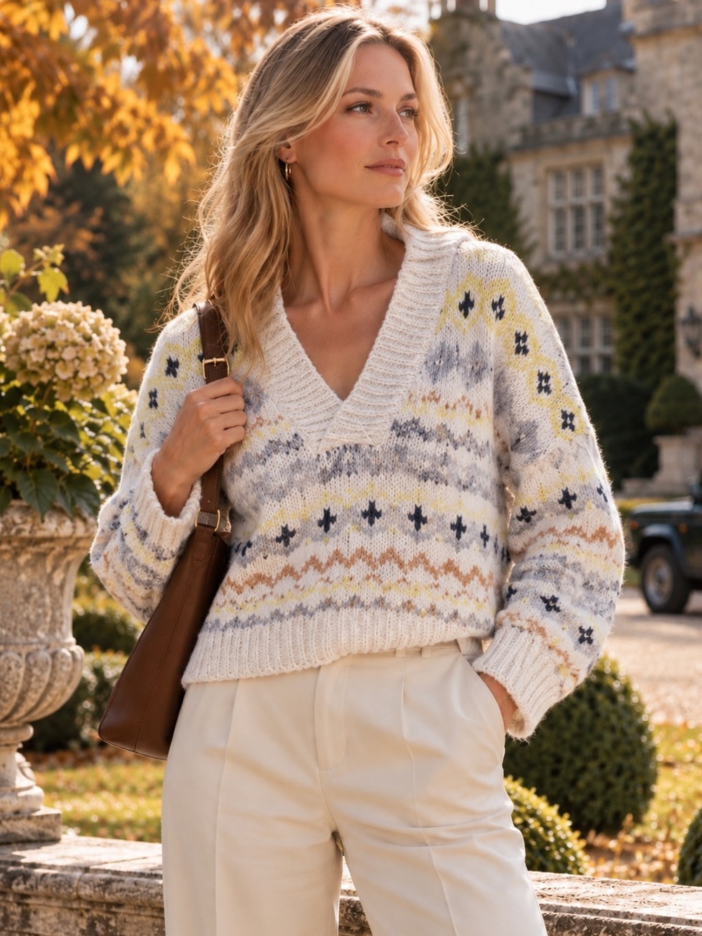 American Eagle Fair Isle Hooded Sweater M Wool Blend Oversized Nordic Knit Fall